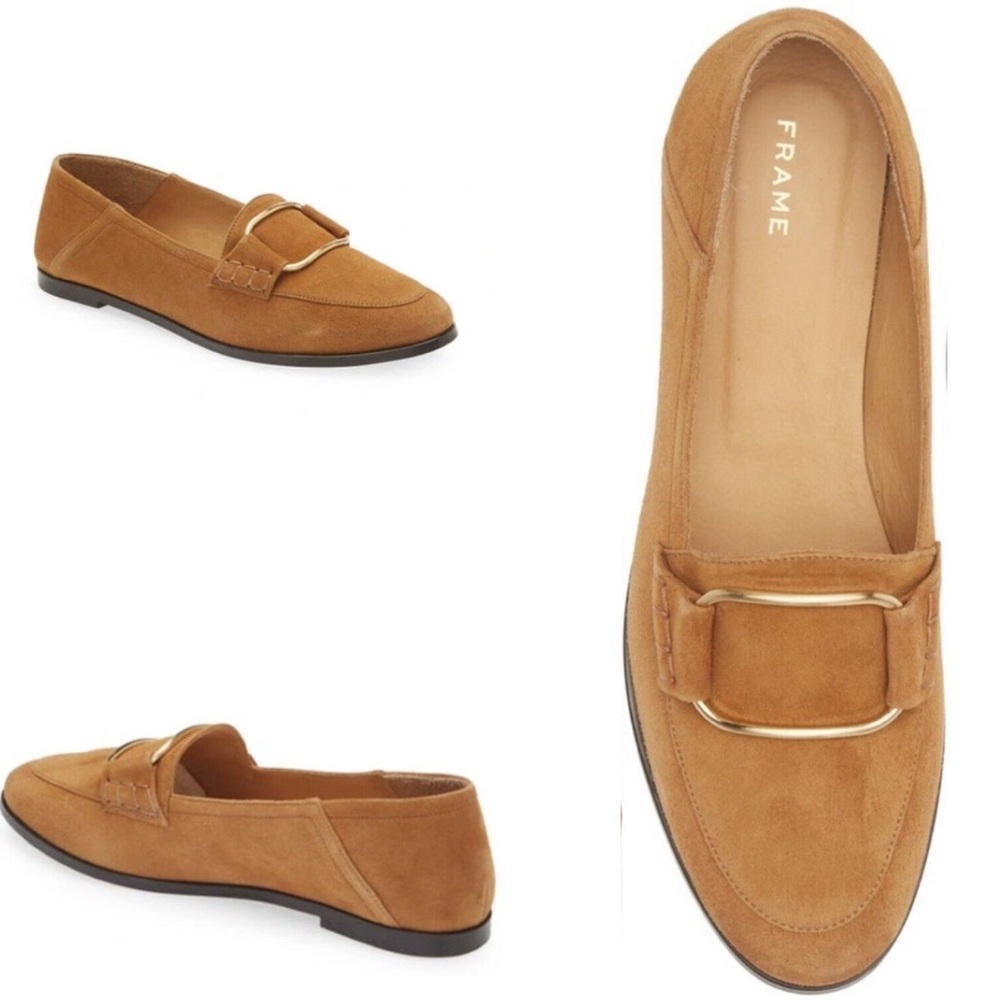 FRAME Le Hammond Suede Loafers Camel Tan Gold Buckle Shoes Size 8.5